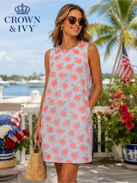 crown & ivy Dresses & Skirts - Crown & Ivy Palm Tree Shift Dress Size 12 Tropical July 4 Patriotic pockets